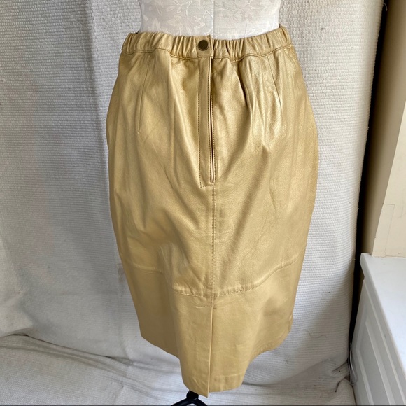 Vintage 90s M Leather Skirt Metallic Gold Pencil - Picture 5 of 8